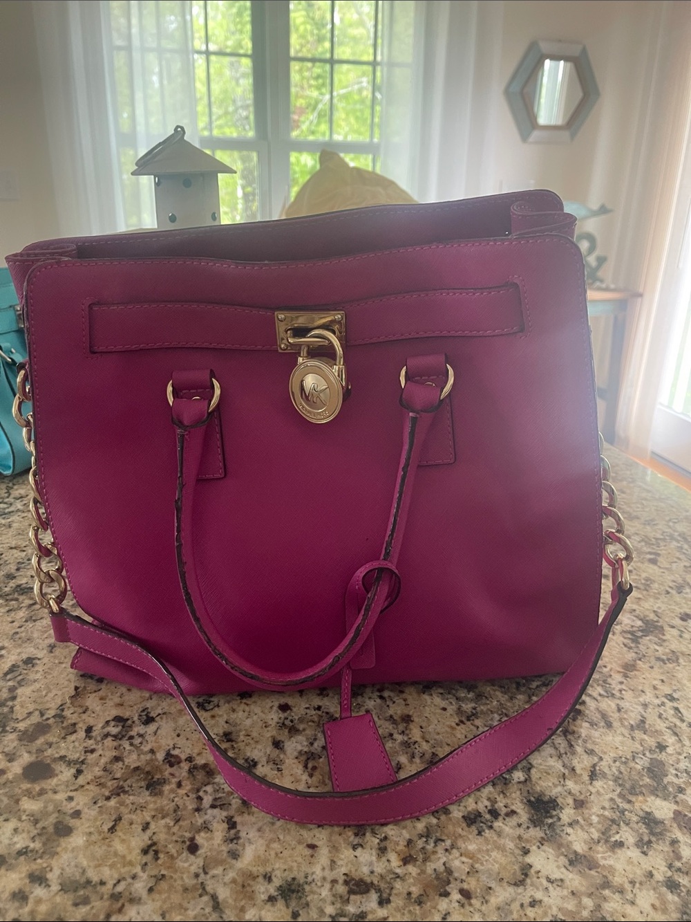Fuchsia Leather Satchel Handbag with Gold-Tone Hardware